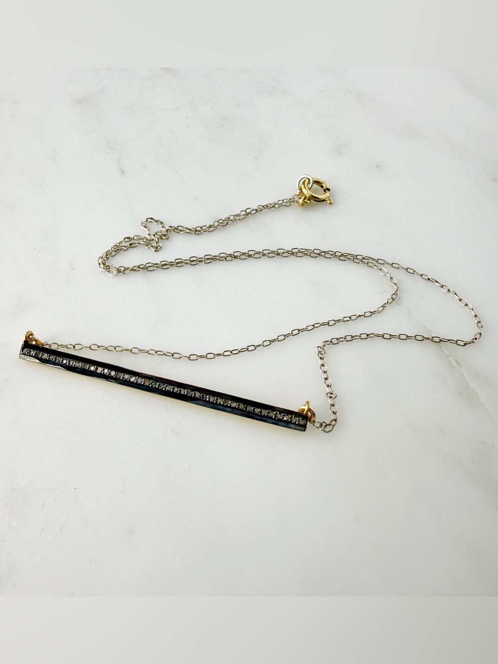 Oxidized Sterling Silver Bar Pendant Necklace, Uncut Diamond, Mixed Metal Layer